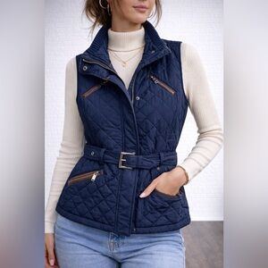 Esprit Quilted Vest Navy Zip Up Puffer Vest Belted Lightweight Jacket
